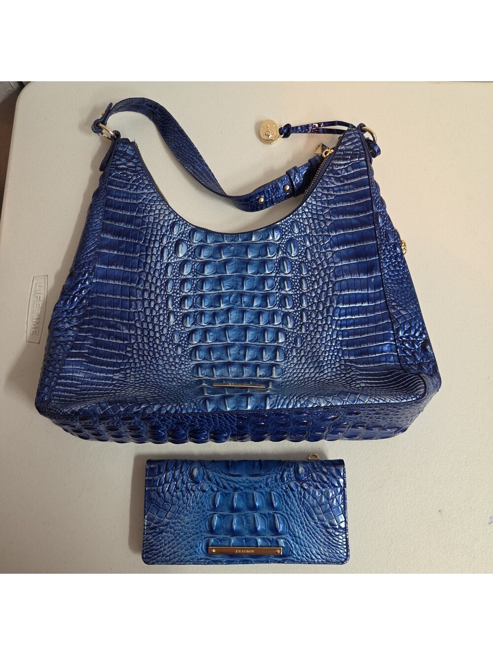 women's blue embossed Brahmin Tabitha Shoulder Bag & Ady Wallet